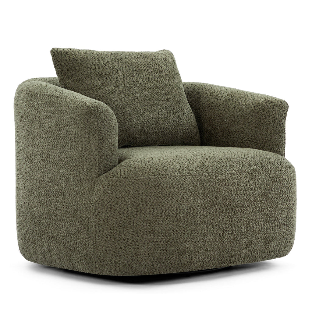 360° Swivel Chair, Chenille Upholstered Barrel Sofa Chair with Throw Pillow, Green, 38.2' for Living Room, Bedroom, Office