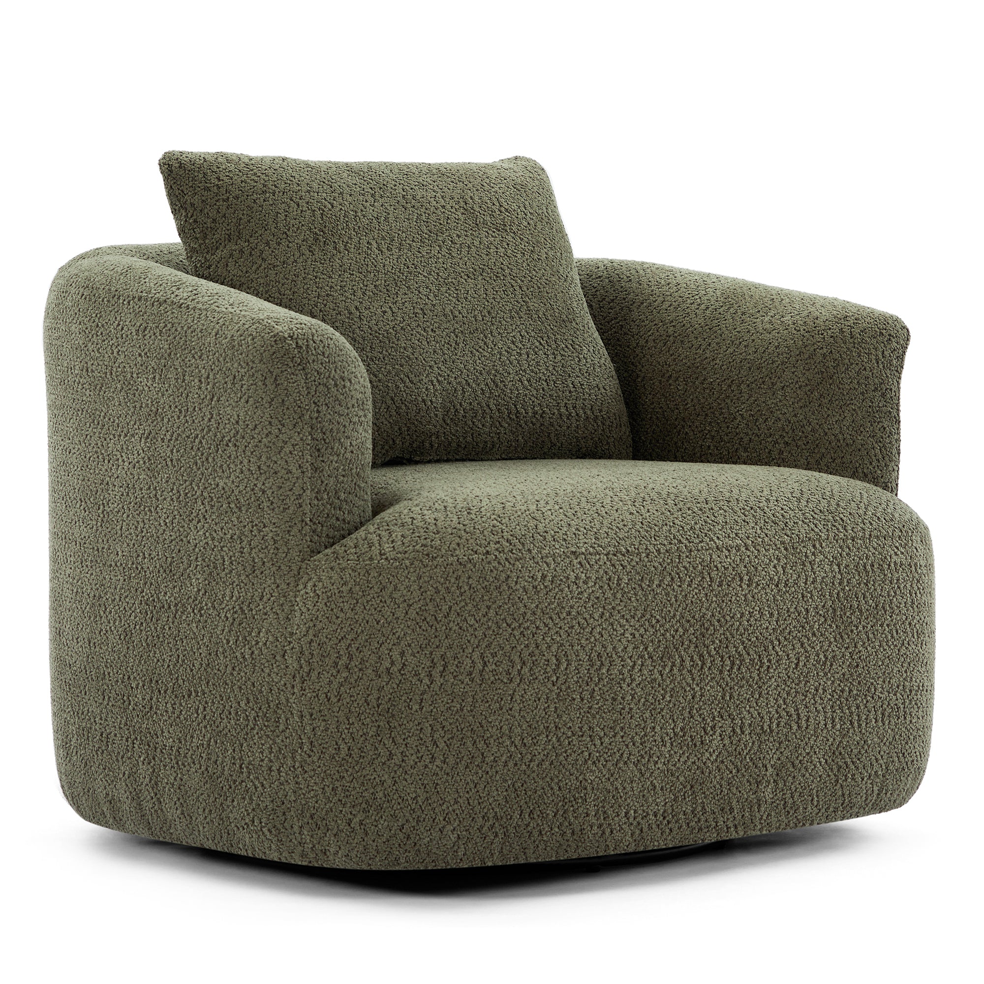 360° Swivel Chair, Chenille Upholstered Barrel Sofa Chair with Throw Pillow, Green, 38.2' for Living Room, Bedroom, Office