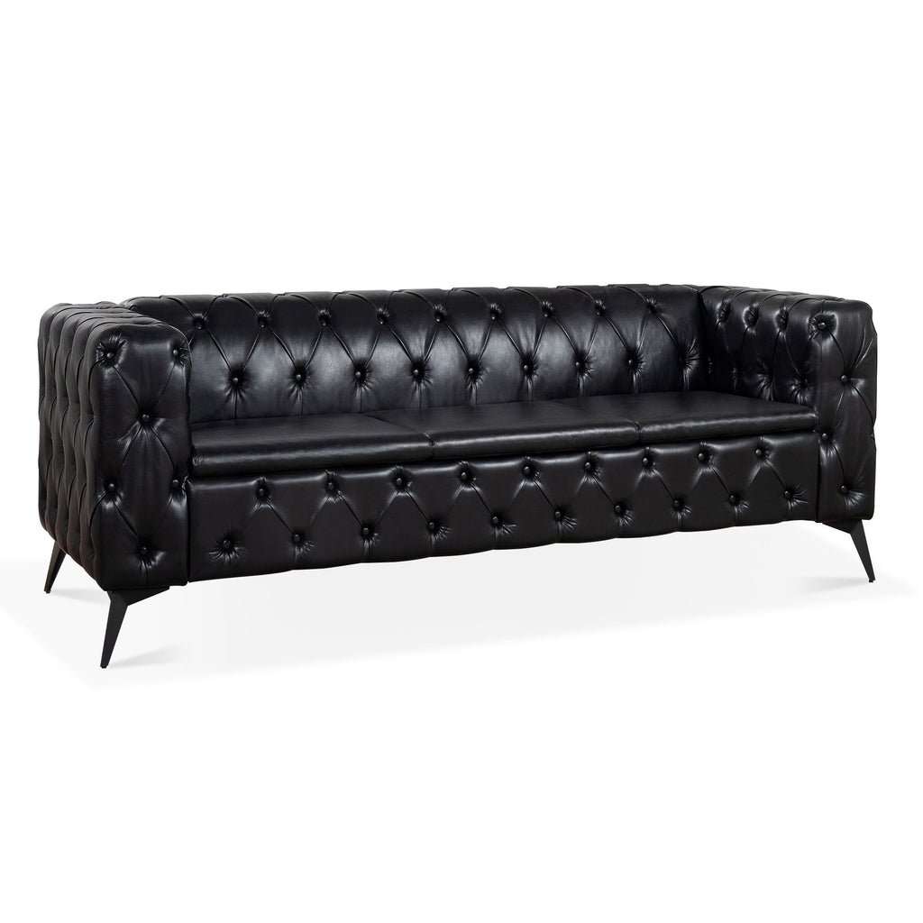 Traditional Square Arm Sofa with Removable Cushions in Black PU, 84.06 Inch Width
