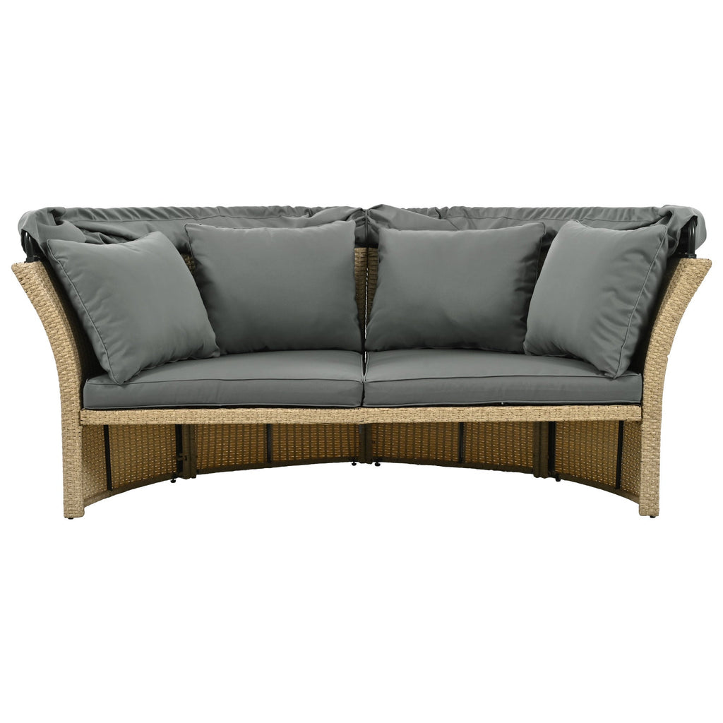 Outdoor Patio Daybed Wicker Rattan Double Daybed with Retractable Canopy, Grey, Polyester Upholstery, 71.7 x 63.4 x 62.2 inches