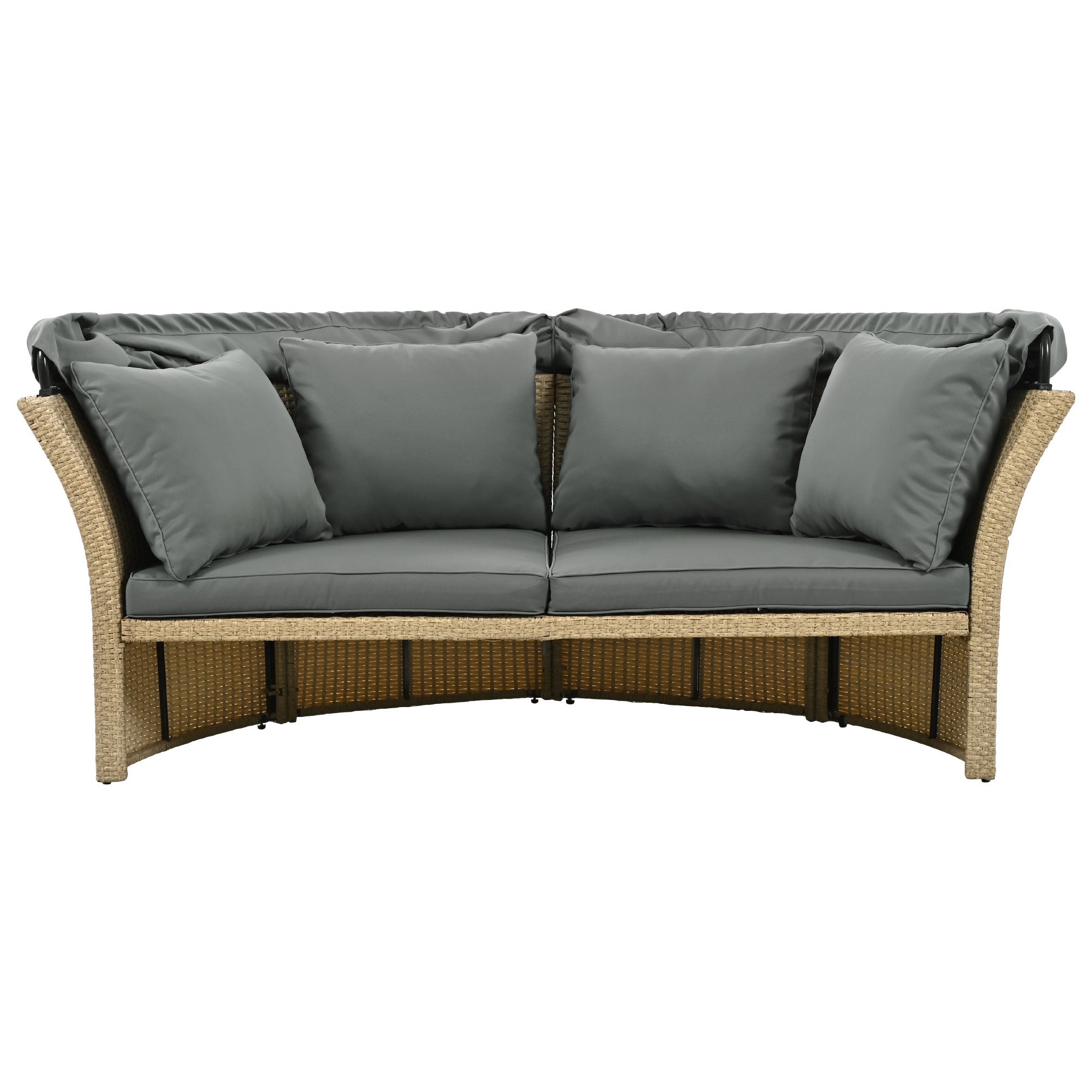 Outdoor Patio Daybed Wicker Rattan Double Daybed with Retractable Canopy, Grey, Polyester Upholstery, 71.7 x 63.4 x 62.2 inches