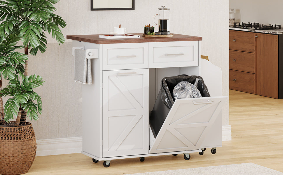K&K 47.2' Farmhouse Kitchen Island with Drop Leaf, Kitchen Storage Island with Removable Side Racks, Two Drawers, Rolling Kitchen Cart on Wheels with Towel Rack, for Home, Kitchen, Dining Room, White
