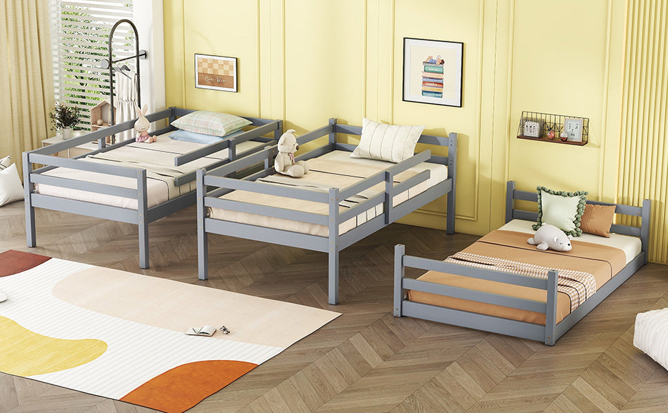 Triple Rubber Wood Bunk Bed with Two Built-in Ladders, Guardrails, Twin over Twin over Twin, Detachable Triple Twin Bunk Bed,Grey