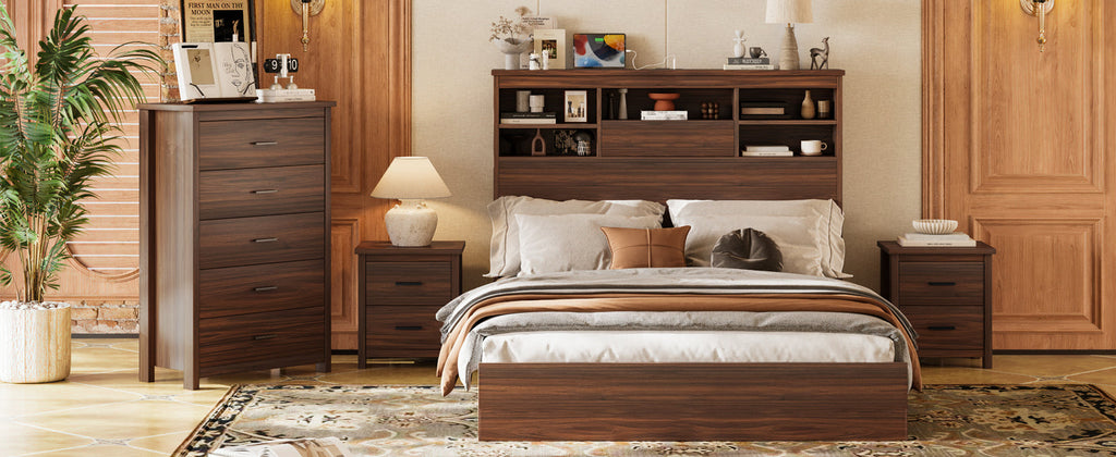 4PCS Bedroom Sets, Wooden Queen Size Bed Frame with Storage Headboard and Charging Station, 2 Nightstands with 2 Drawers, 1 Dresser with 5 Drawers, Walnut(old SKU HL000102AAD)