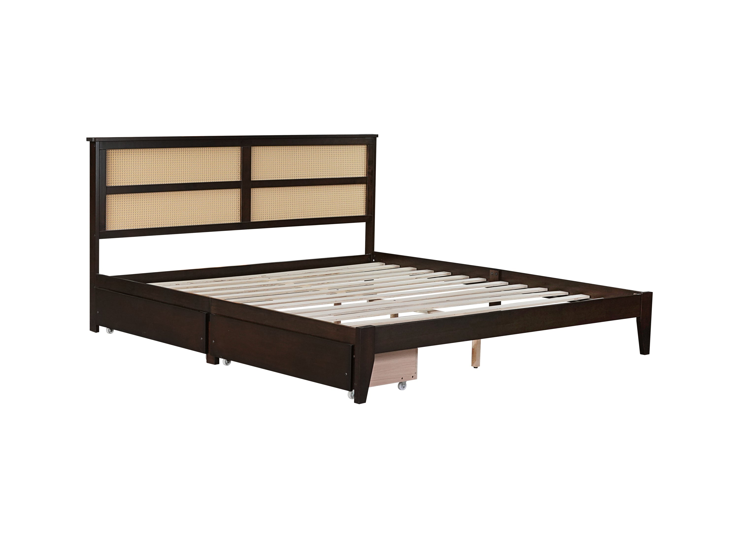 King Size Bed with Rattan Headboard, Two Storage Drawers, Rubber Wood Bed with Enhanced  Support Salts and Feet,Espresso