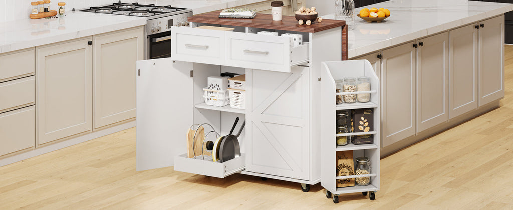 K&K 47.2' Farmhouse Kitchen Island with Drop Leaf, Kitchen Storage Island with Removable Side Racks, Two Drawers, Rolling Kitchen Cart on Wheels with Towel Rack, for Home, Kitchen, Dining Room, White