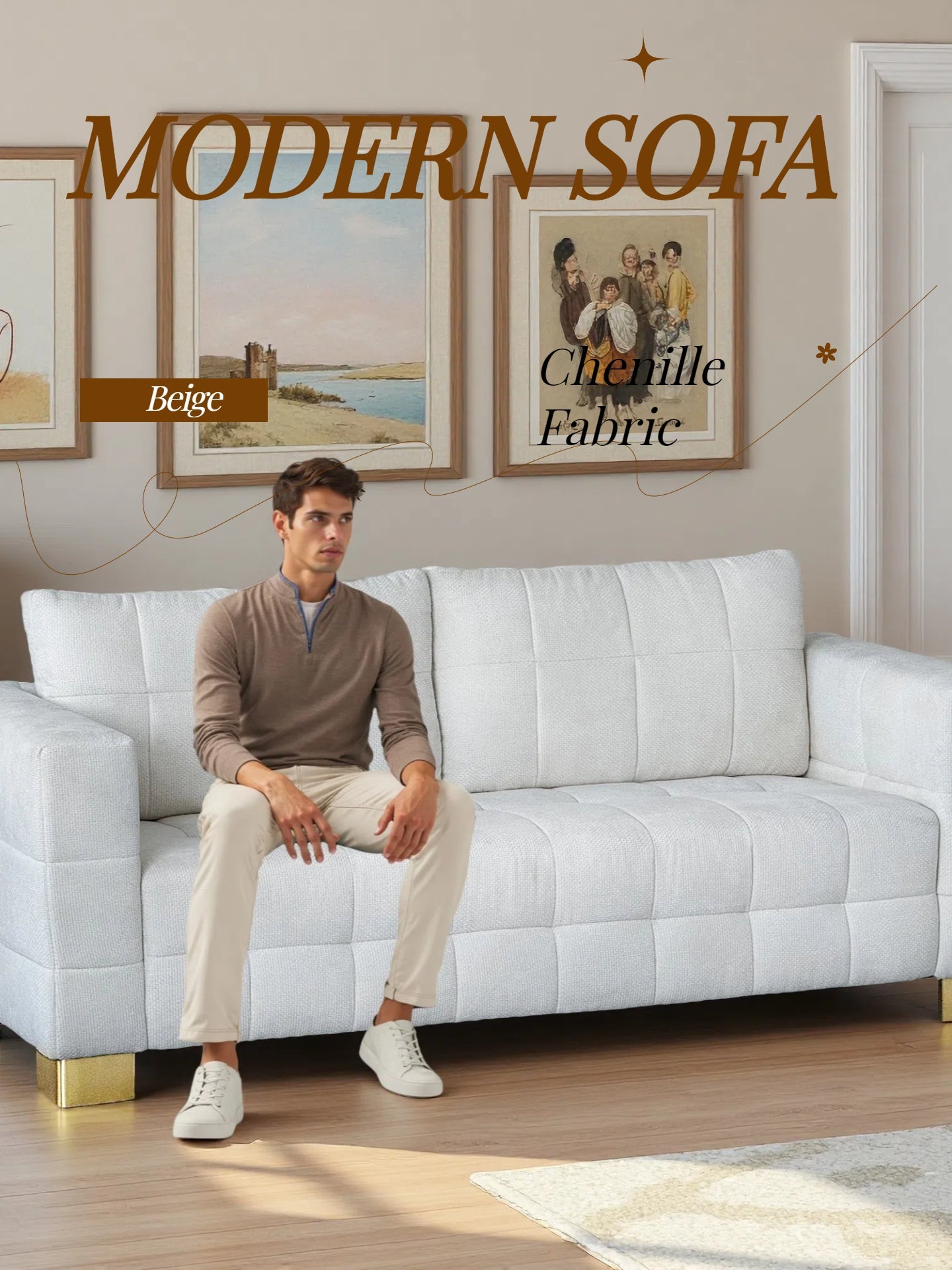 FX-P54-BE SOFA  Contemporary Beige Chenille Couch, Deep-Seat 3-Person Sofa with Wide Armrests & Brushed Stainless-Steel Block Legs Soft Upholstered Sofa for Living Room