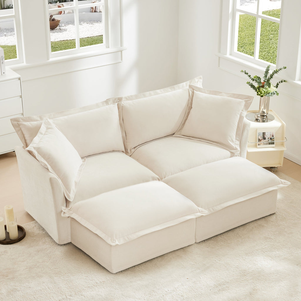 Slipcovered Sofa 2 Seater Sofa    With 2 Ottomans, 2 Seater Sleeper Sofa Bed Home Theater Oversized Sofa For Living Room, Chenille, Cream