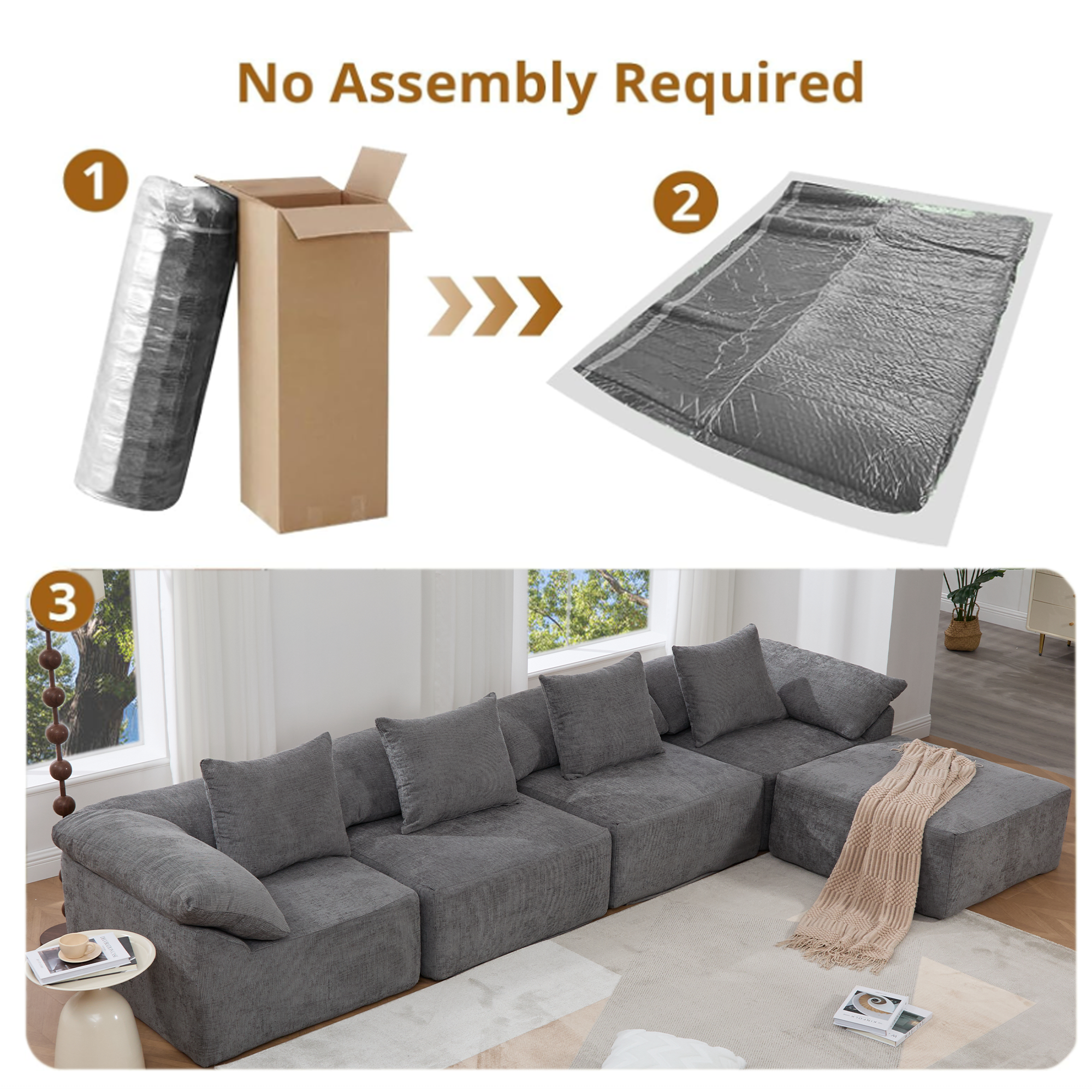 142' L Shaped Modular Sectional Sofa,No Assembly,5 Piece Couch, Convertible Sleeper Couch,Full-Compressed Couch,Free-Combined Couches,5 Seat & Ottoman,Chenille,Gray
