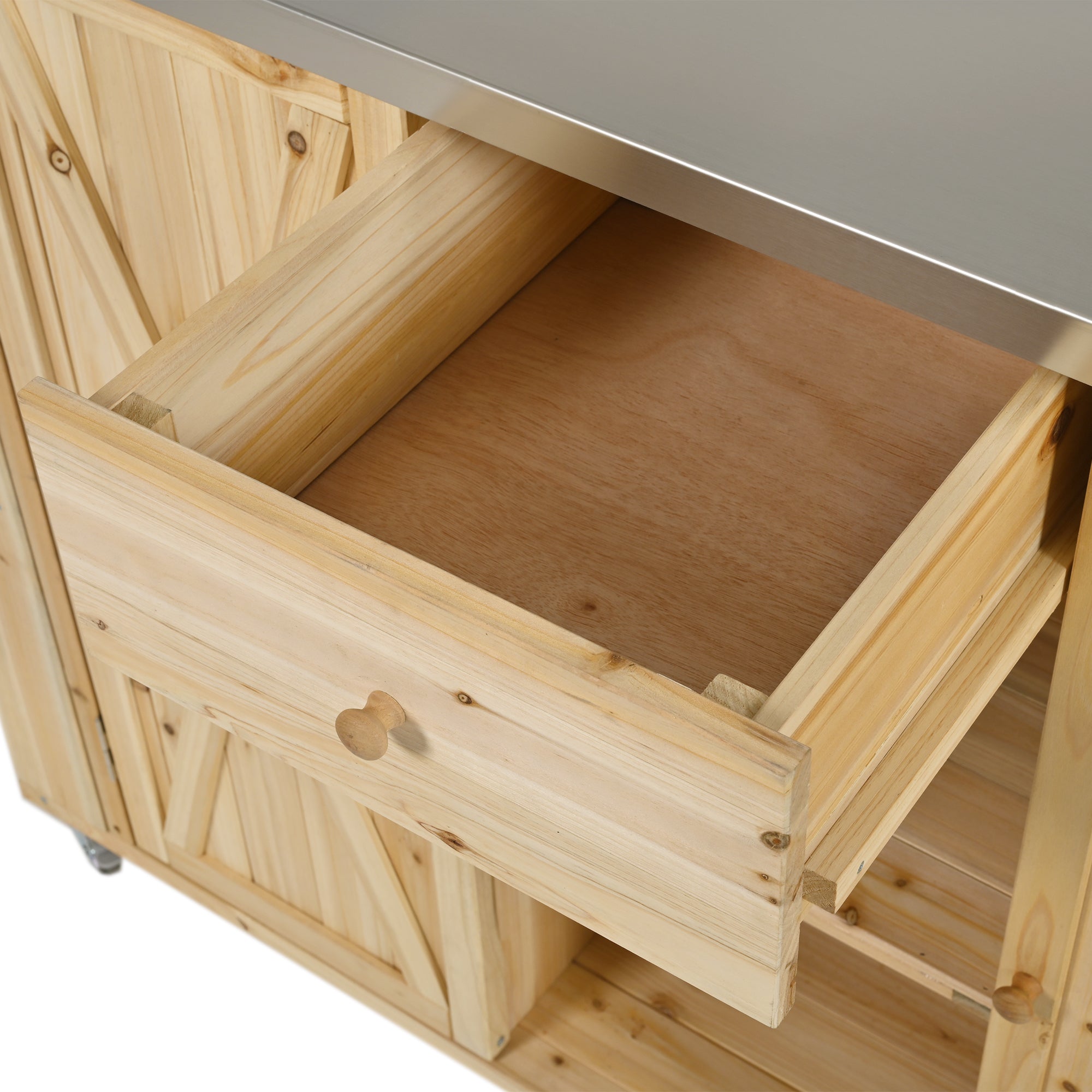 Outdoor Kitchen Island Fir Wood Kitchen Island with Stainless Steel Top, Ample Storage Space, Towel and Spice Racks, Bottle Opener, Natural