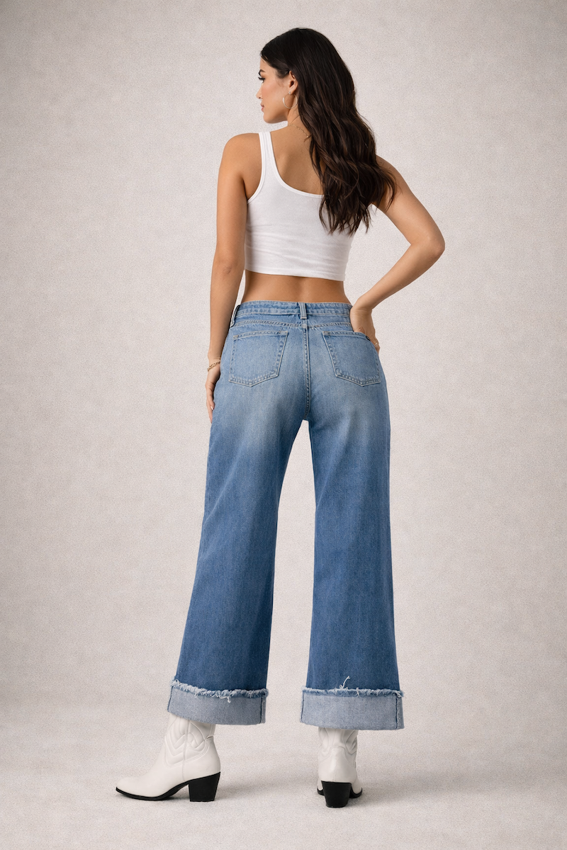 Low Rise Cuffed  Western Jean with Pink Vinyl Croc Panels