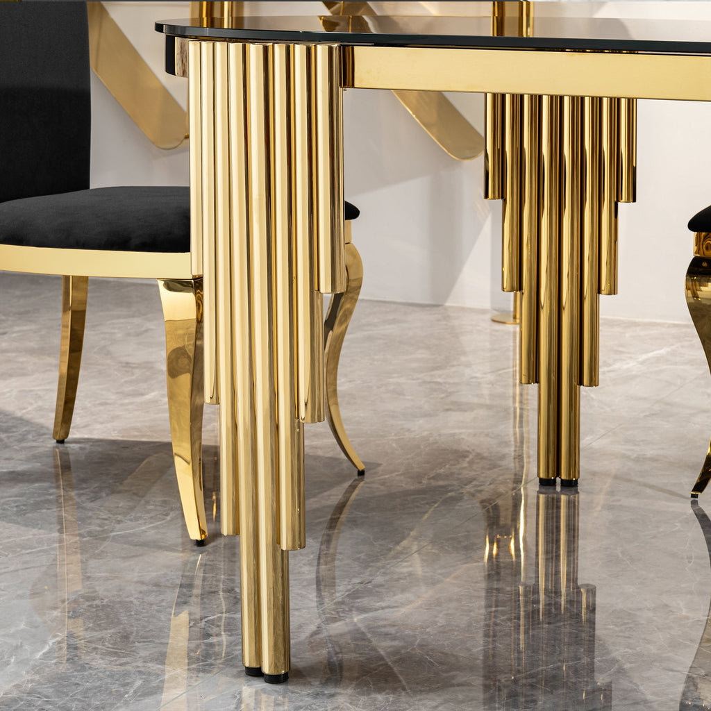 70.08 in. Oval Dining Table with Black Glass Top and Gold Stainless Steel Base, for 6 Seats
