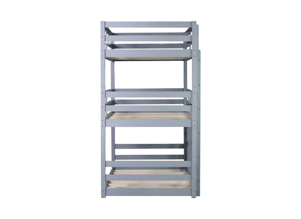 Triple Rubber Wood Bunk Bed with Two Built-in Ladders, Guardrails, Twin over Twin over Twin, Detachable Triple Twin Bunk Bed,Grey