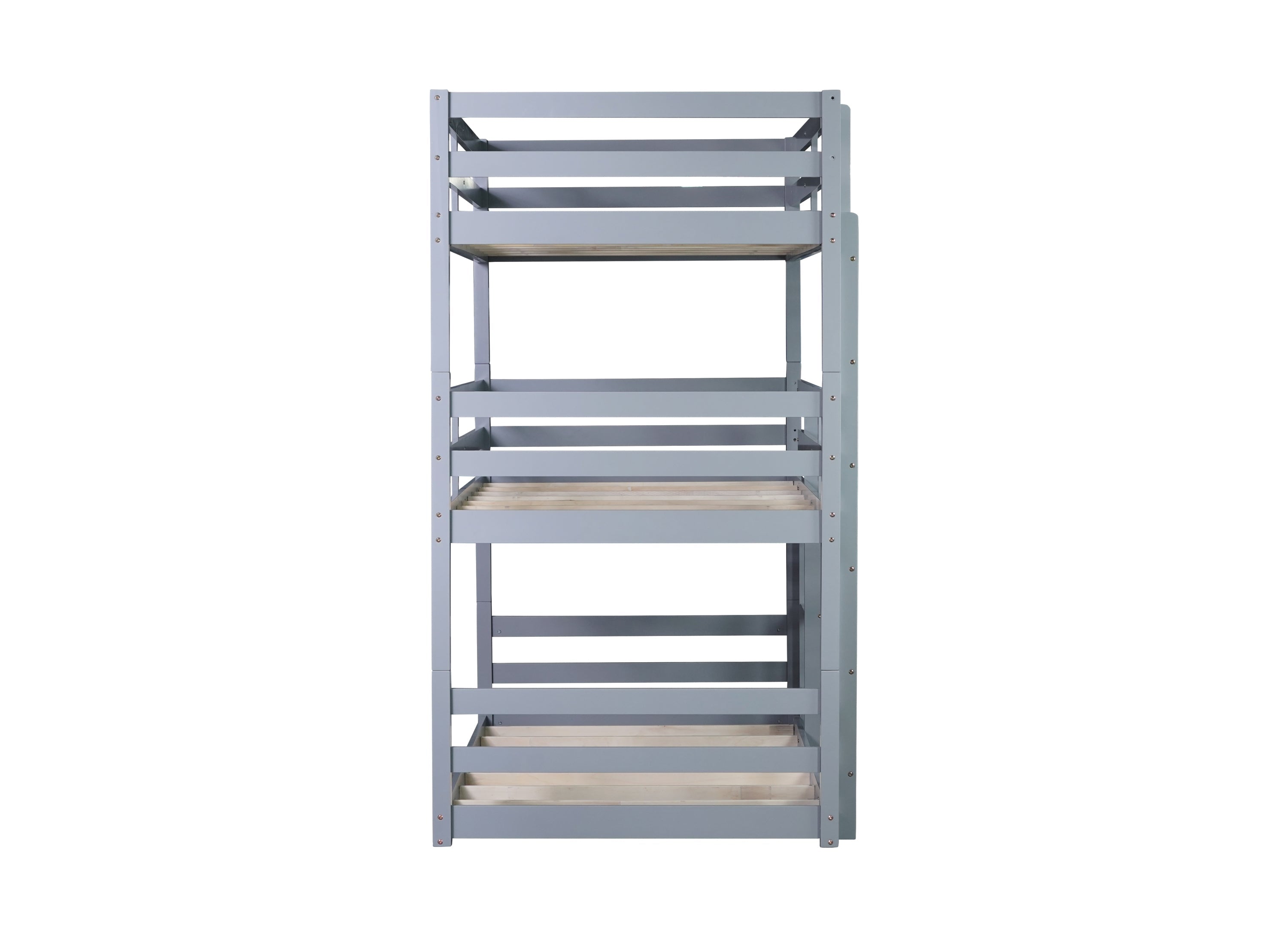 Triple Rubber Wood Bunk Bed with Two Built-in Ladders, Guardrails, Twin over Twin over Twin, Detachable Triple Twin Bunk Bed,Grey