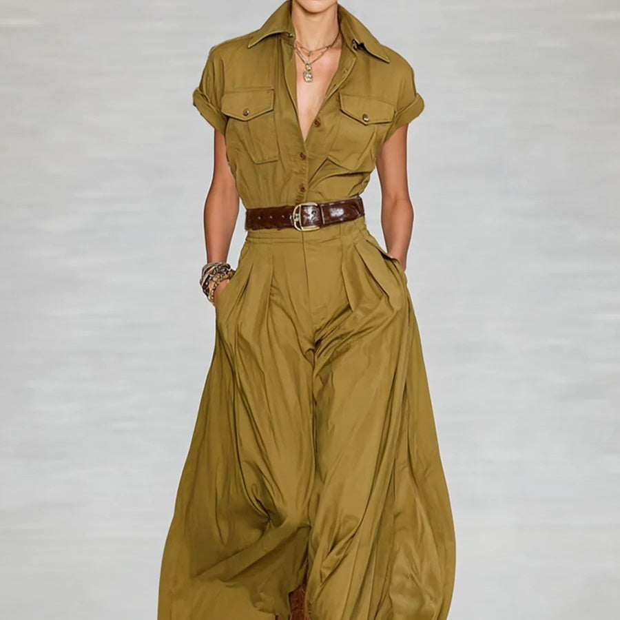 Women's Short-Sleeve Shirt Maxi Dress With Pockets – A-Line Stand Collar