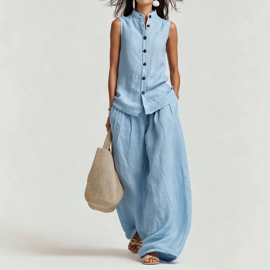 Women's Cotton-Linen Sleeveless Crewneck Vest & Pants Set