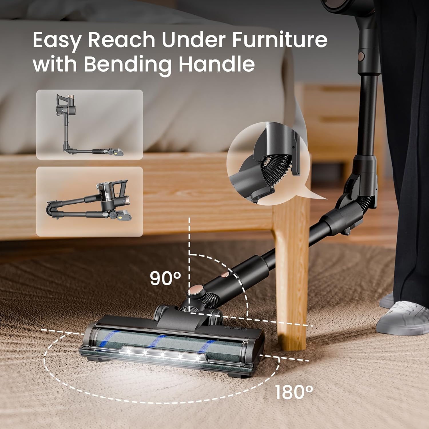 Cordless Vacuum Cleaner, Power Suction Stick Vacuum Cleaners with Hepa Filter, LED Headlight, Bendable Handle