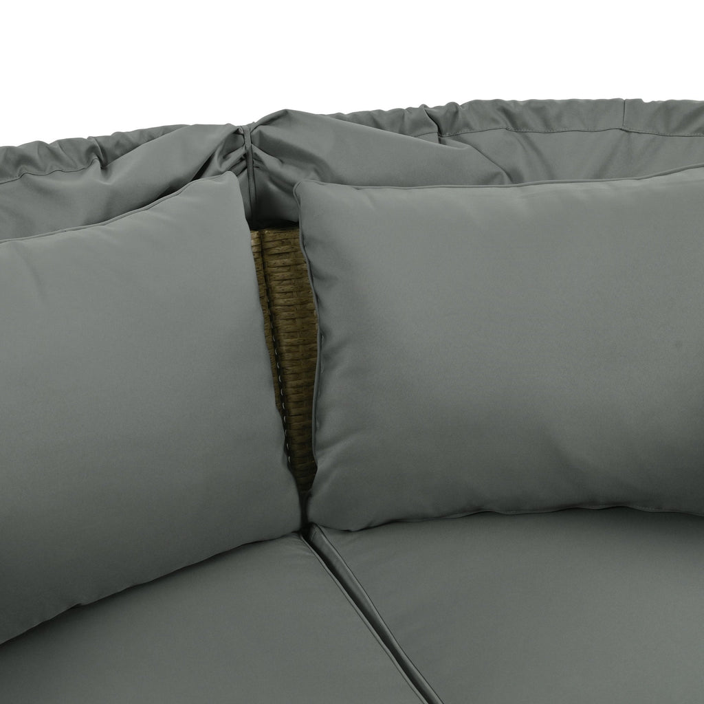 Outdoor Patio Daybed Wicker Rattan Double Daybed with Retractable Canopy, Grey, Polyester Upholstery, 71.7 x 63.4 x 62.2 inches