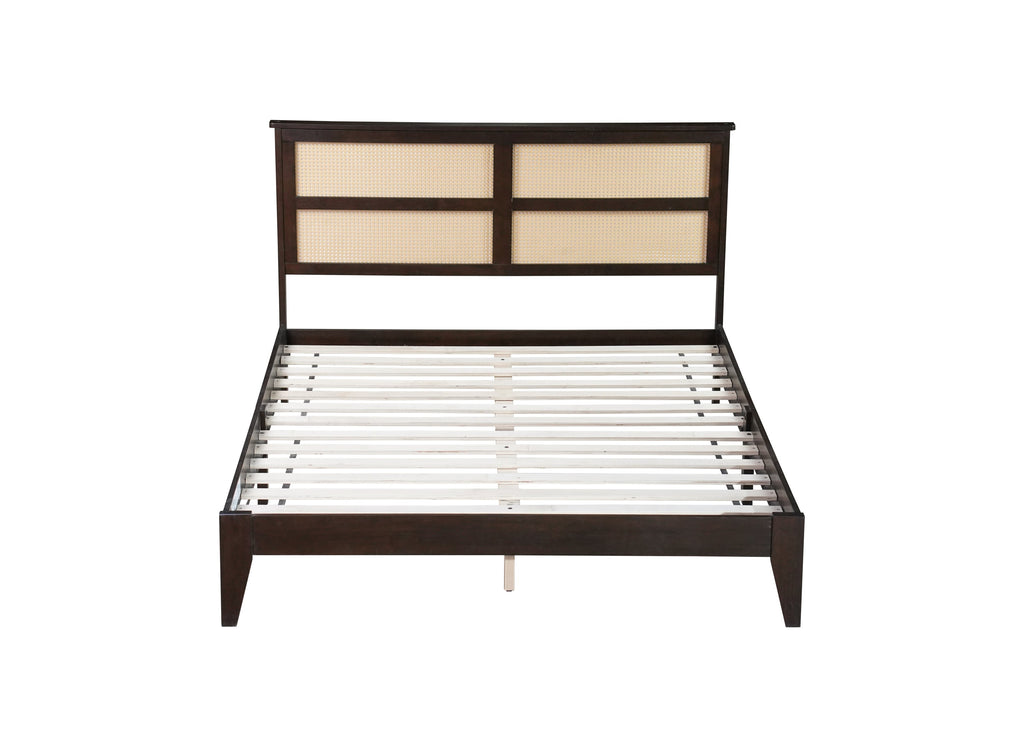 Queen Size Rubber Wooden, Solid Wooden Bed with Rattan Headboard, Enhanced by Support Feet,Espresso