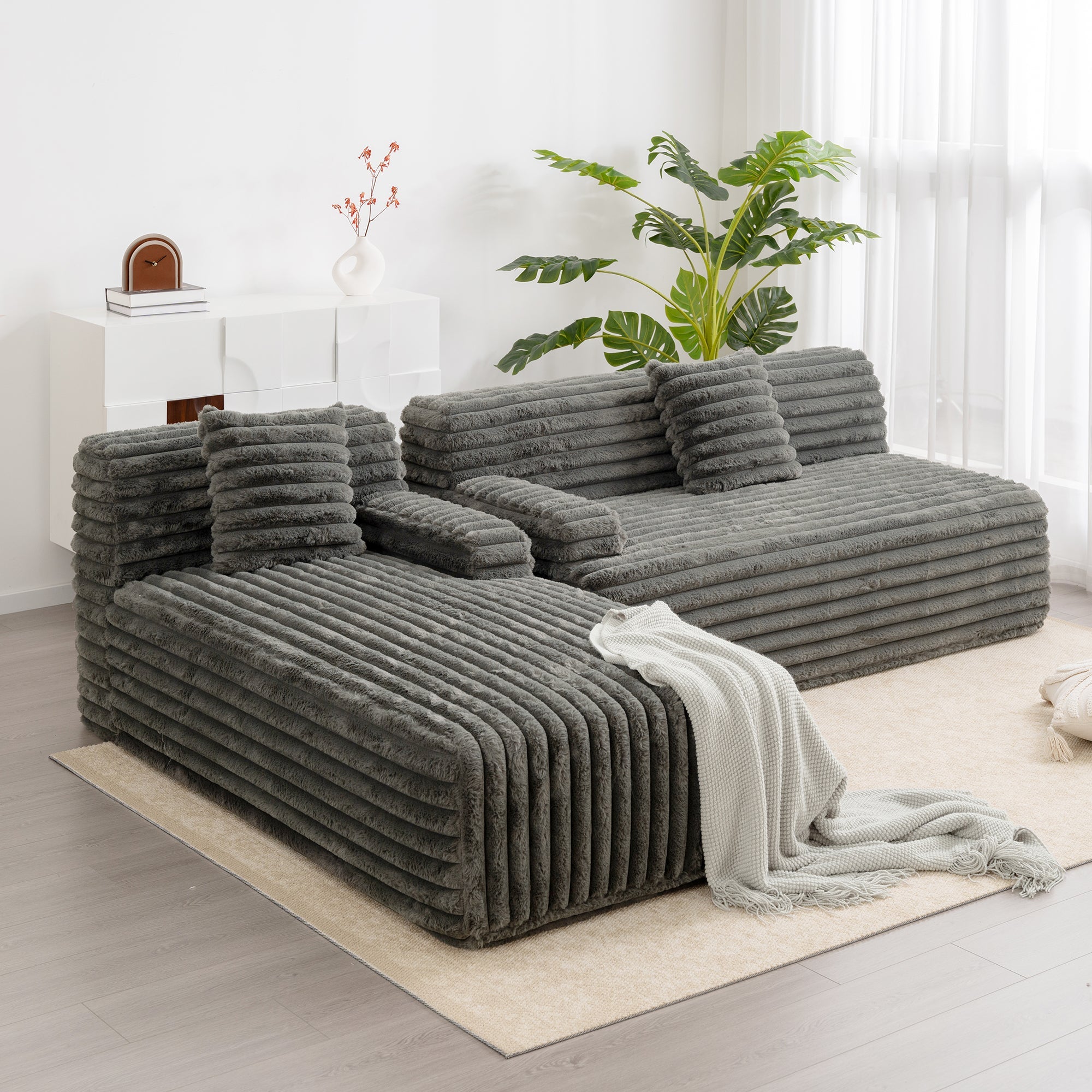 Cloud Sectional Sofa Upholstered Couch with Free-combined Design in Dark Gray Faux Rabbit Fur, 110'