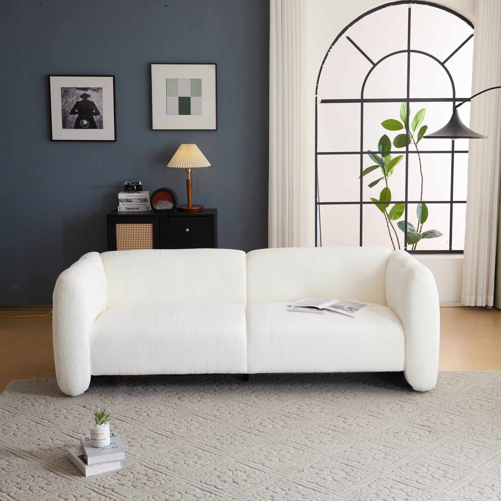 Tonson Wave Design 83' 3-Seater Sofa White Fabric Living Room Furniture