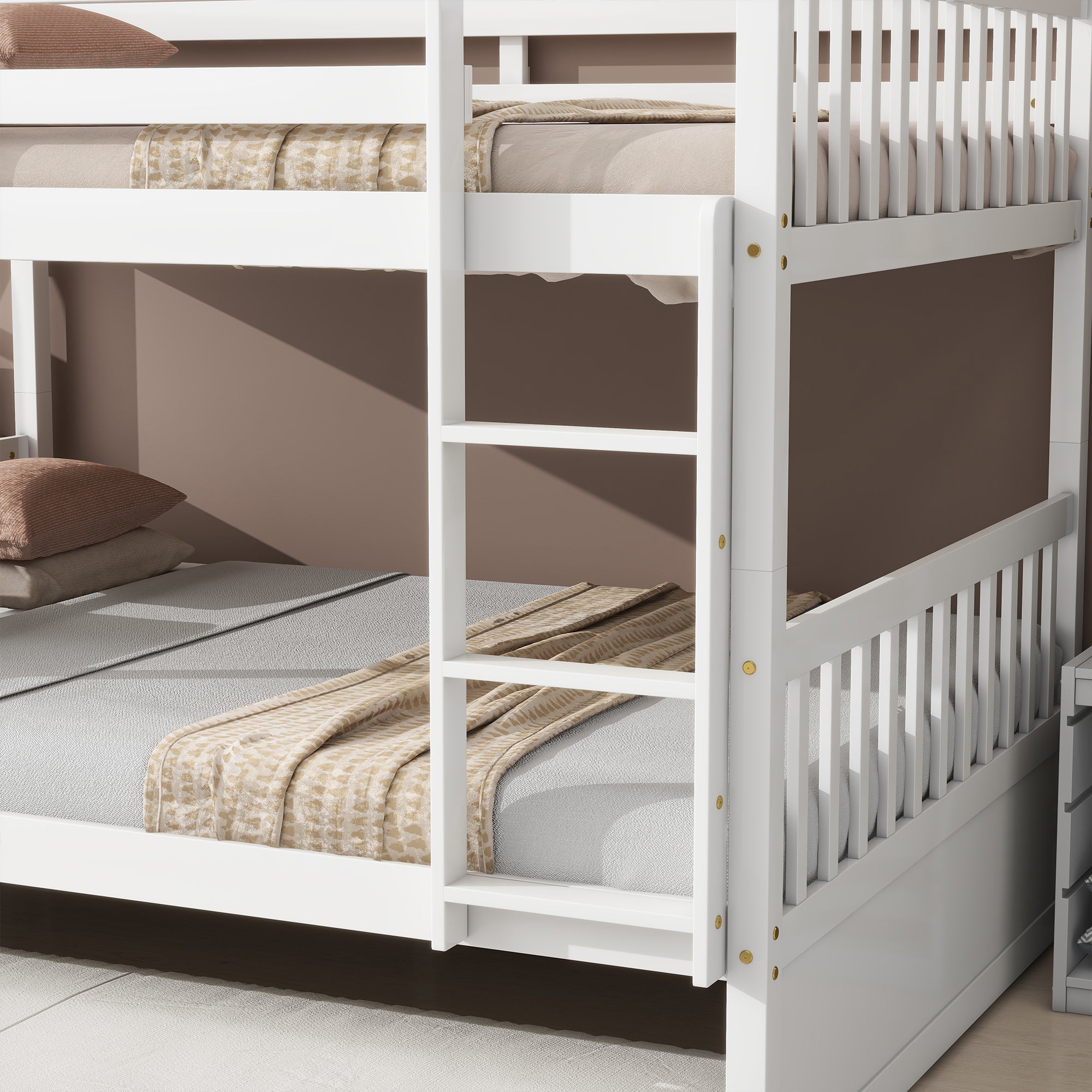Full Over Full Rubber Wood Bunk Bed with Trundle, Ladder and Guardrails, Convertible to 2 Full Size Beds, with Twin Size Trundle,White