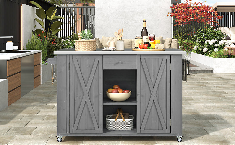 Outdoor Kitchen Island Fir Wood Kitchen Island with Stainless Steel Top, Ample Storage, Towel and Spice Racks, Bottle Opener, Grey