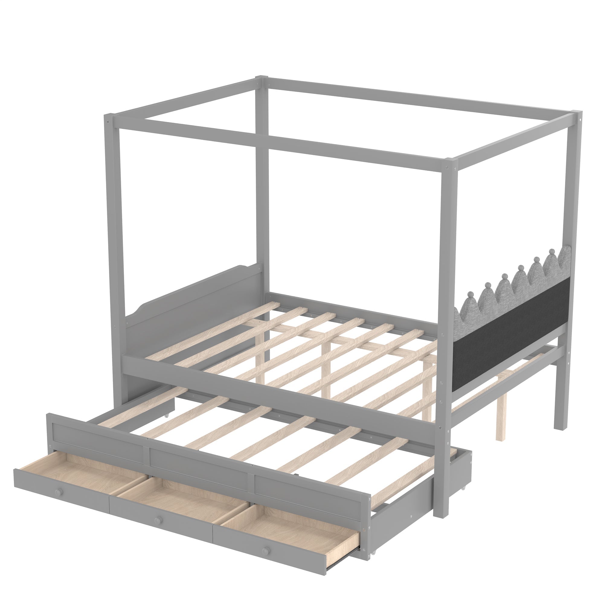Full Platform Bed with Upholstered Headboard,Twin Size Trundle and 3 Drawers,Princess Canopy Bed Frame for Kids,Storage & Easy Assembly,Gray.