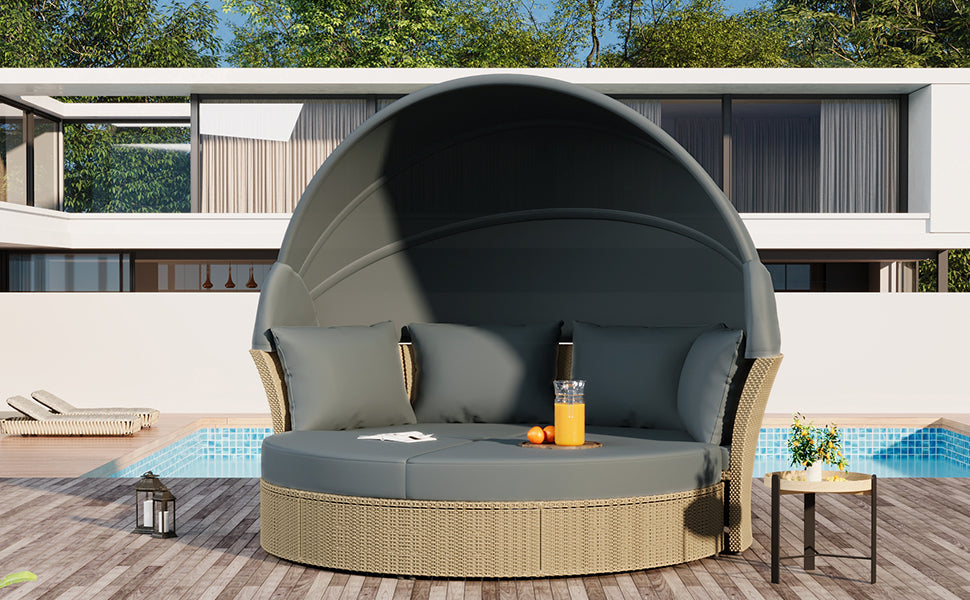 Outdoor Patio Daybed Wicker Rattan Double Daybed with Retractable Canopy, Grey, Polyester Upholstery, 71.7 x 63.4 x 62.2 inches