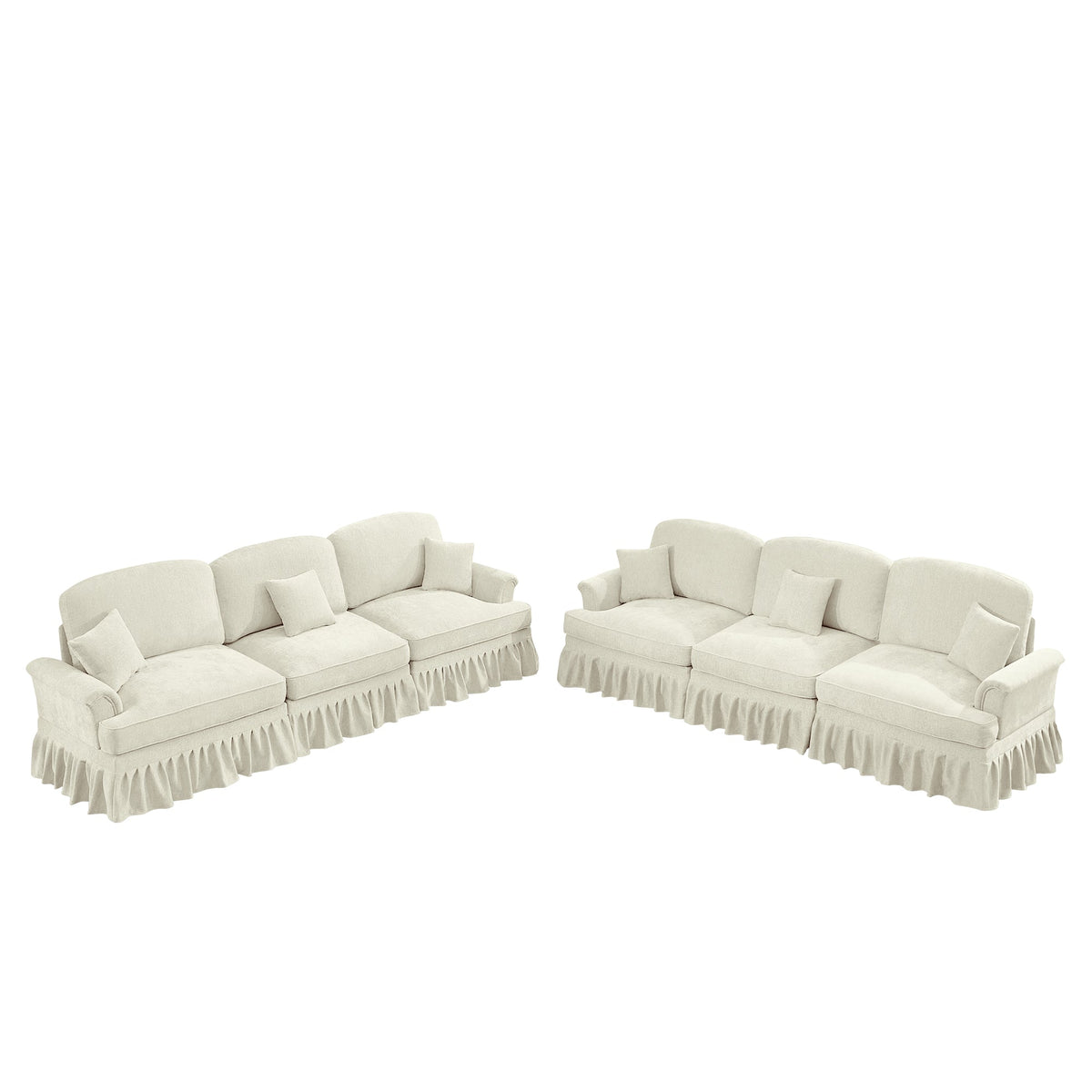 Classic 2 Piece Modular Couch Living Room Sofa Set with Flared Arms and Removable Ruffles Pleats Skirts and Spindle Legs, 3 Seater Sofa +3-Seat Loveseat Sofa Sets for Living Room, Beige White