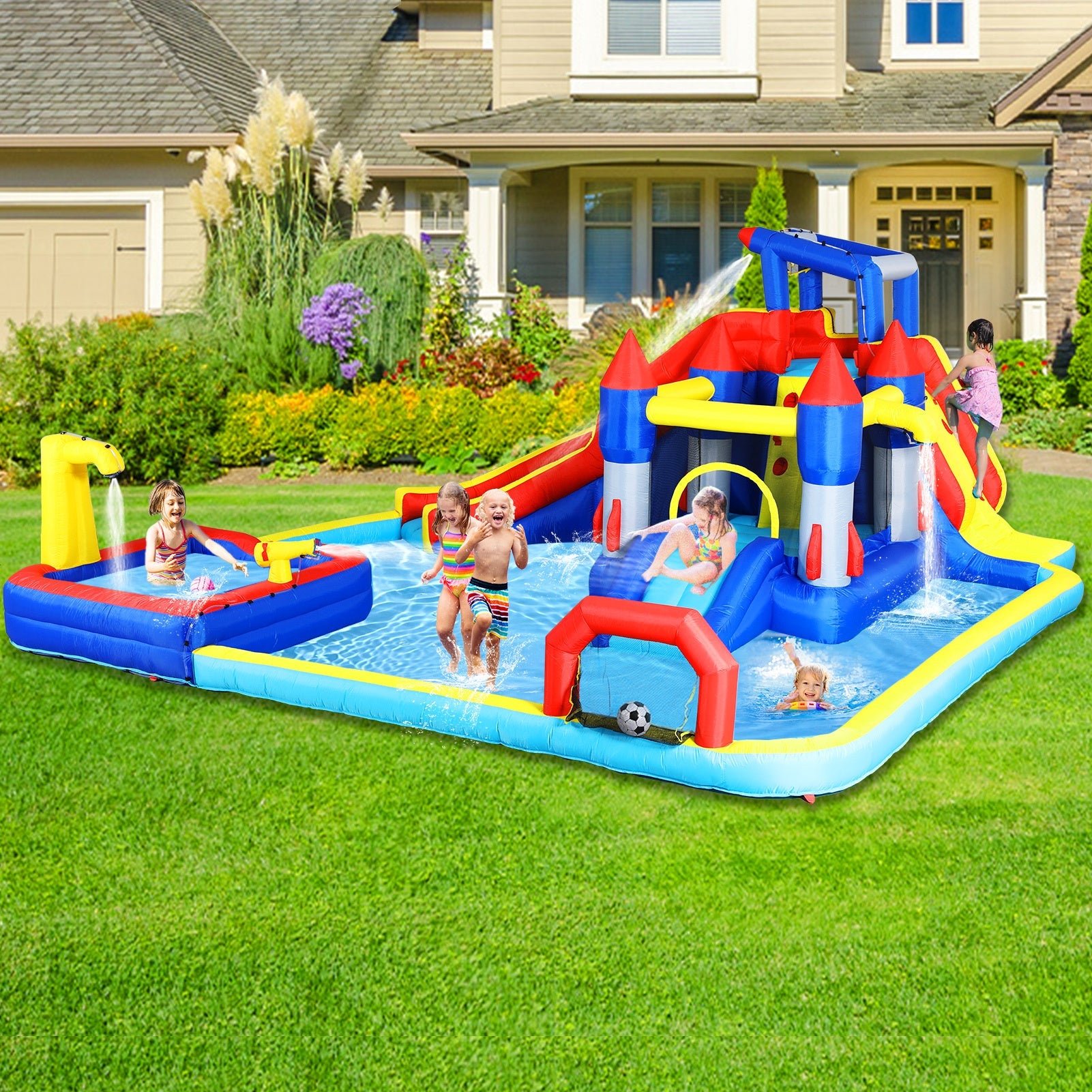 10 in1 Inflatable slide water park  bouncing house garden with splash pool & water gun & basketball & climbing wall & dual pools & soccer