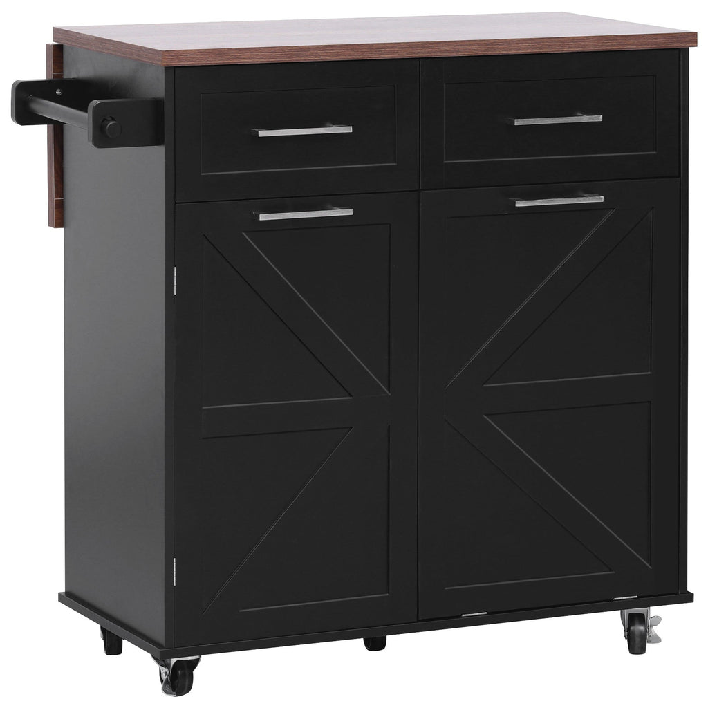 K&K 47.2' Farmhouse Kitchen Island with Drop Leaf, Kitchen Storage Island with Removable Side Racks, Two Drawers, Rolling Kitchen Cart on Wheels with Towel Rack, for Home, Kitchen, Dining Room, Black
