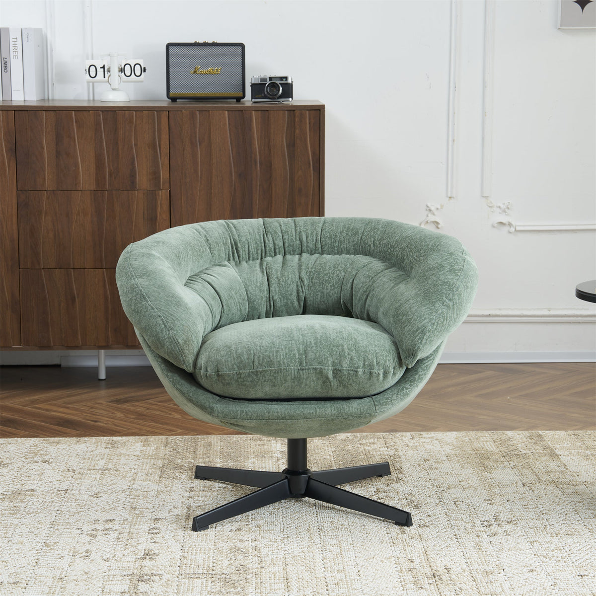 Modern Chenille Office Chair, 360° Swivel Club Chair/Accent Chair with Removable Cushion, Round Office Chair, Black Metal Base, Cotton Material, Living Room, Bedroom, Reading Corner, Office (Green)