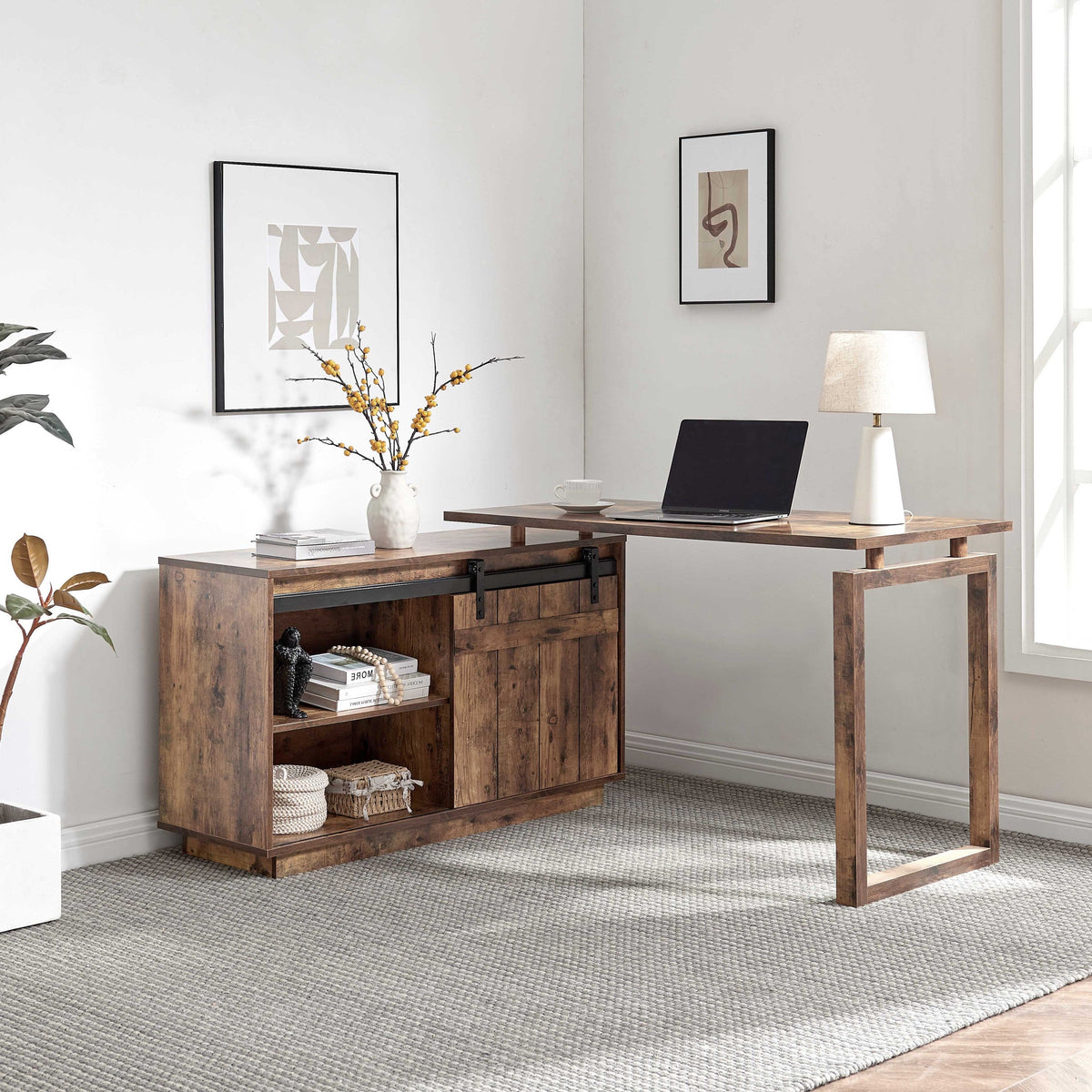 Desk L-shaped Workstation Home Office attached storage credenza sliding barn door finished on the back reversible Distressed Wood