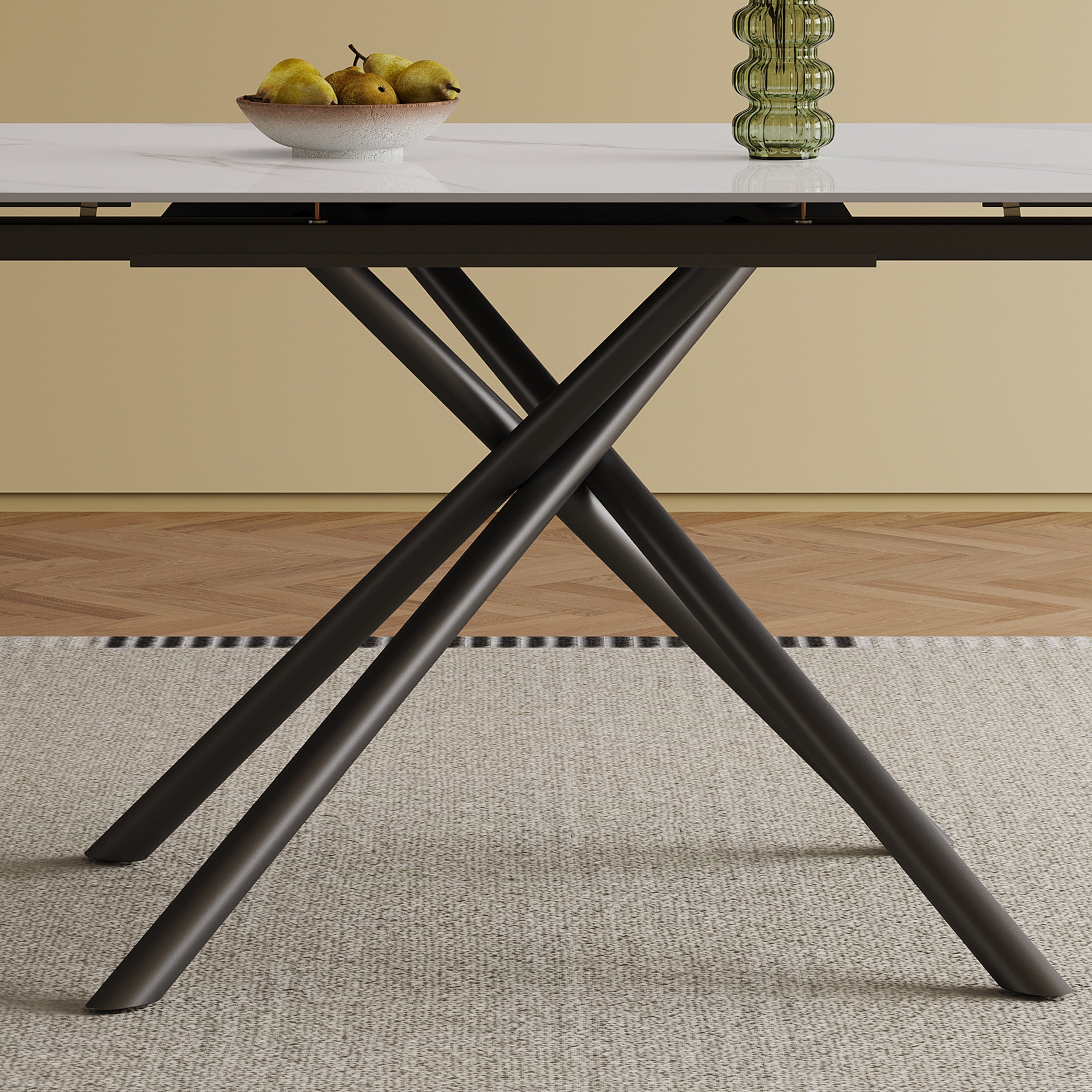 Modern Retractable Sintered Stone Dining Table with Black Carbon Steel Legs, White, 83 Inches for 6-8 Seats