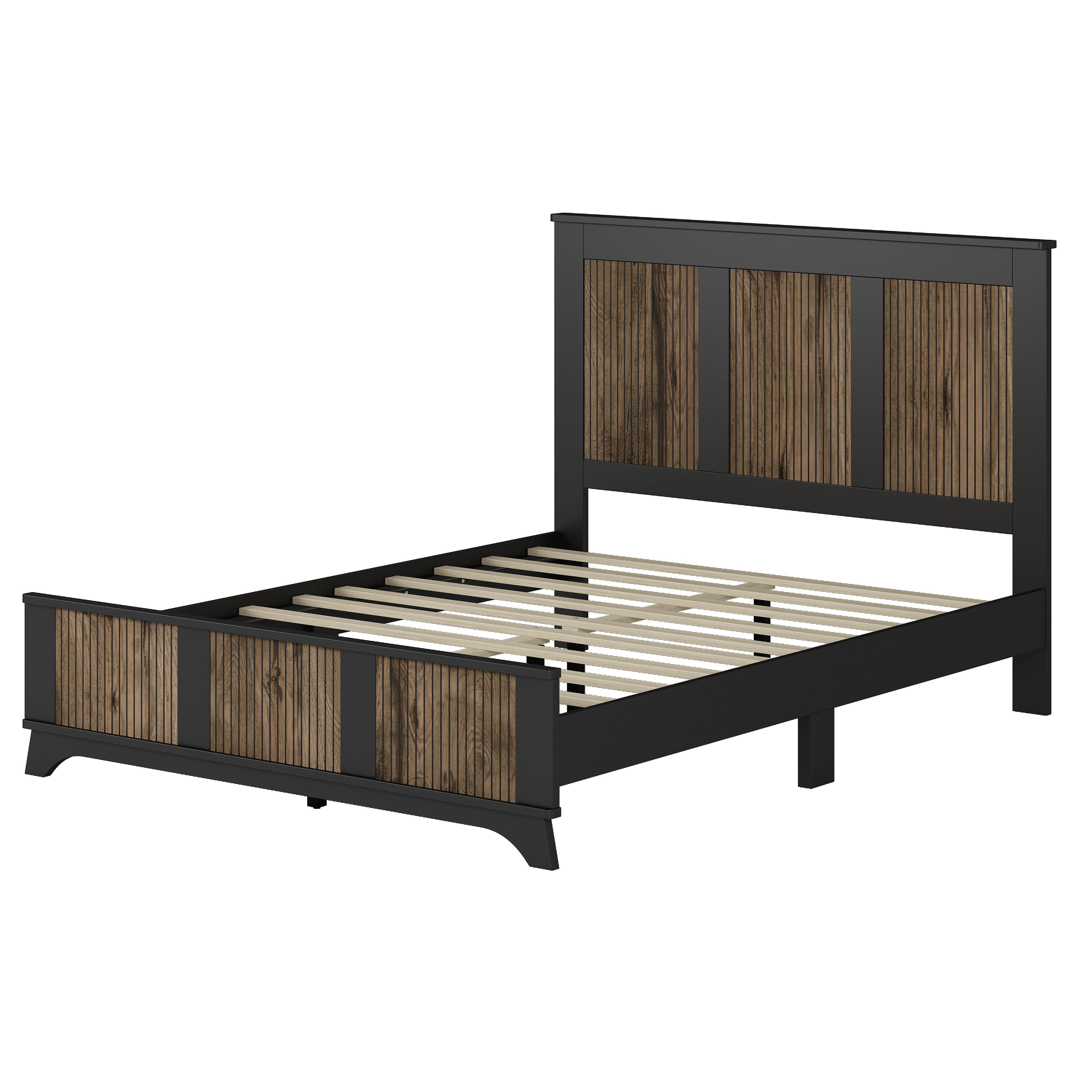 4-Pieces Bedroom Sets, Queen Size Farmhouse Platform Bed with Wooden Strip Stickers Decoration, Storage Nightstand and Dresser with Metal Handle, Black(Old SKU: HL000191AAB)