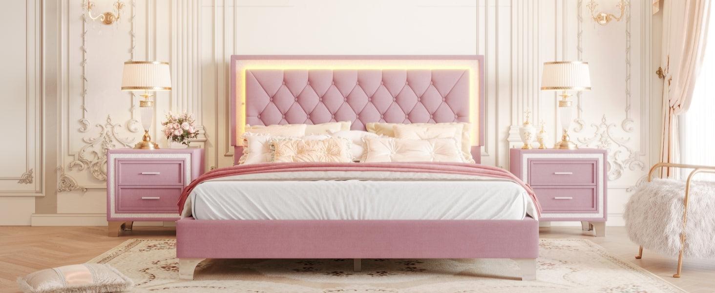 3-Pieces Bedroom Sets,Queen Size Upholstered Platform Bed with LED Lights and Two Nightstands-Pink