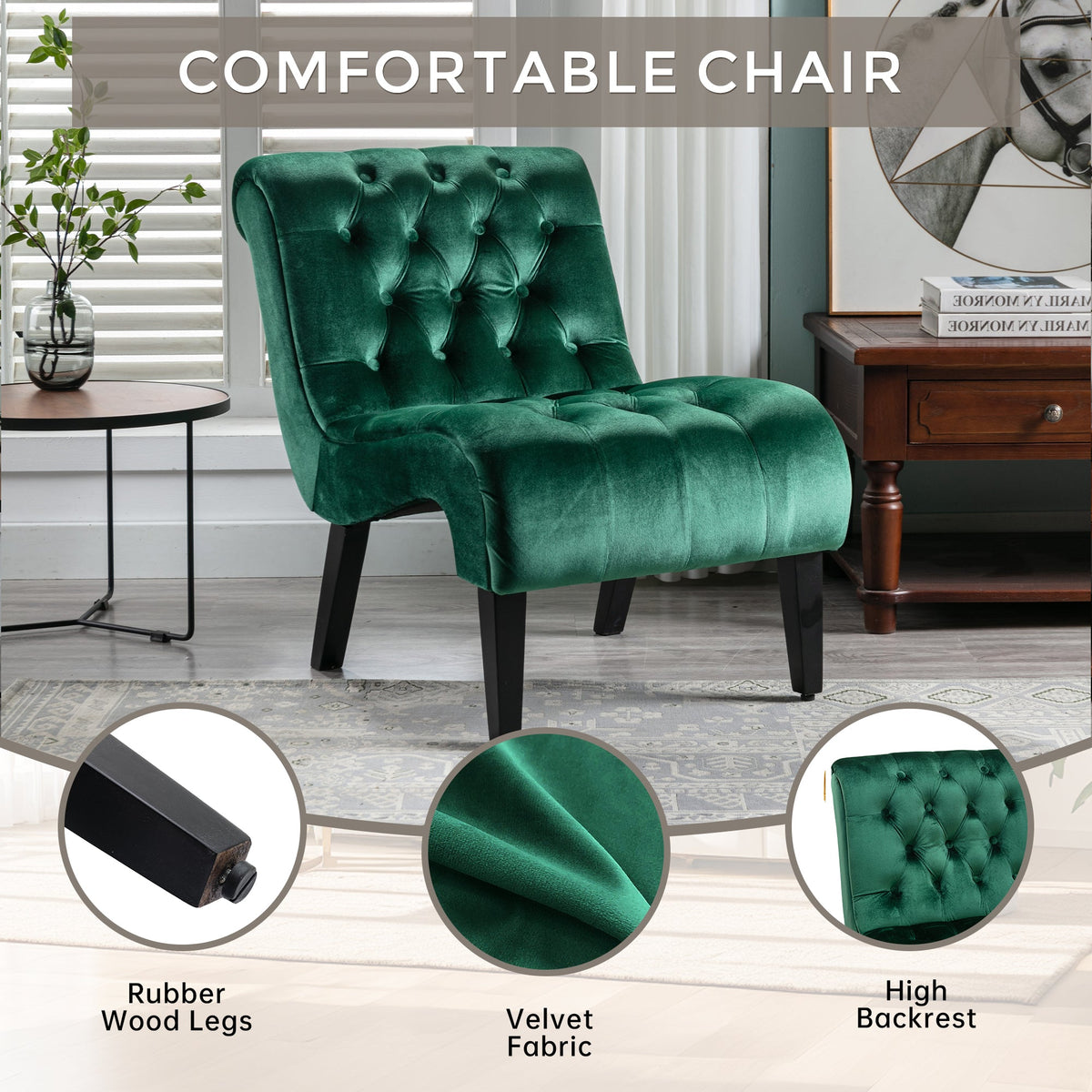 COOLMORE Modern Velvet Armless Accent Living Room Chair / Leisure Chair,Upholstered Fabric Button Comfortable Chair with Wooden Legs for Bedroom, Living Room, Office (Green Velvet)