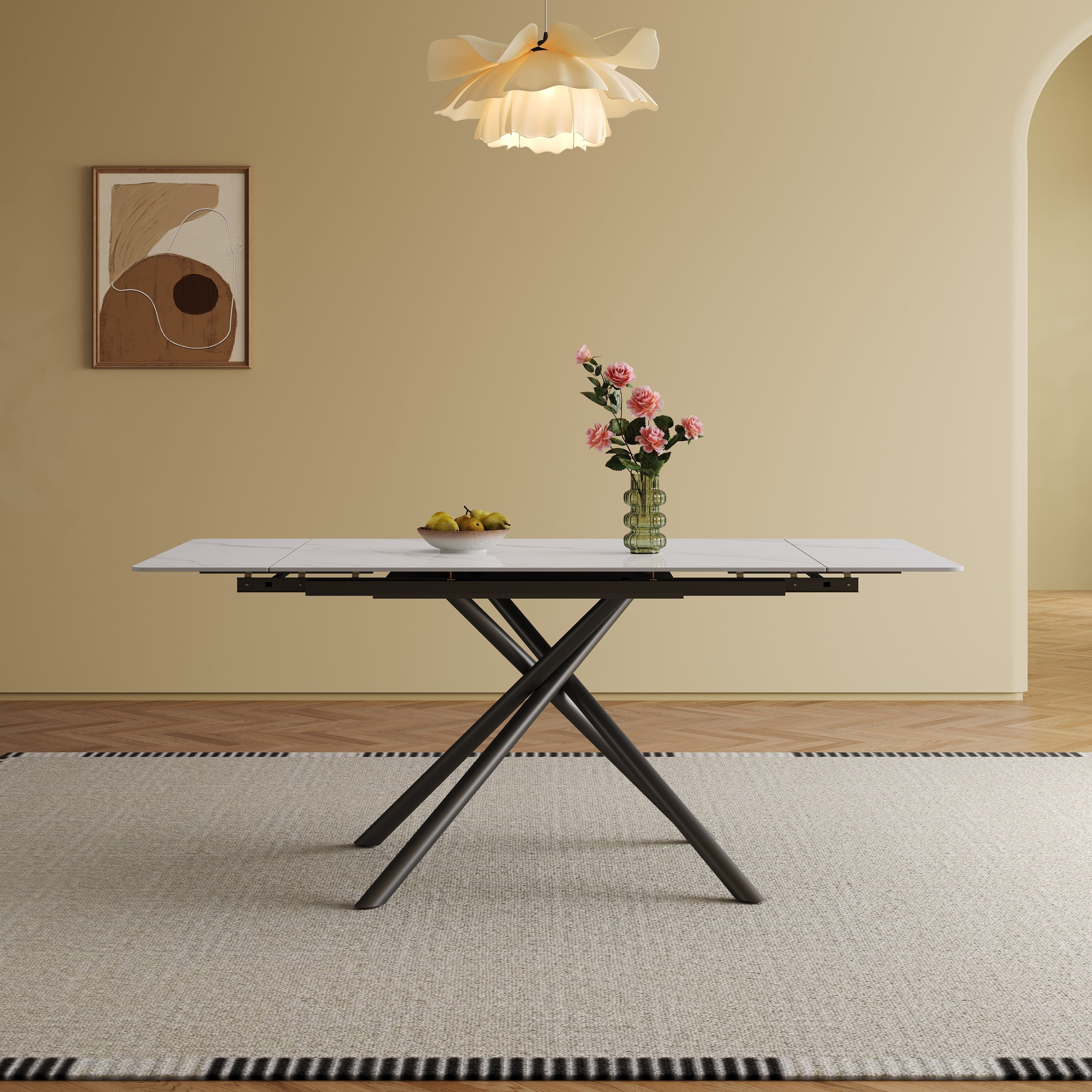 Modern Retractable Sintered Stone Dining Table with Black Carbon Steel Legs, White, 83 Inches for 6-8 Seats