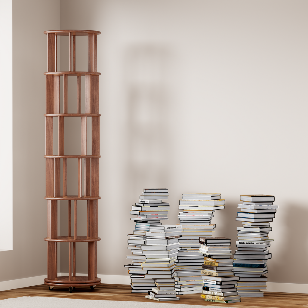 100%Solid Wood Rotating Bookshelf on Wheels, 6 Tier, Round Revolving Bookcase, 360° Spinning Book Shelf Tower for Kids, Narrow Rolling Bookshelves for Small Space, Corner, Bedroom, Office, Walnut
