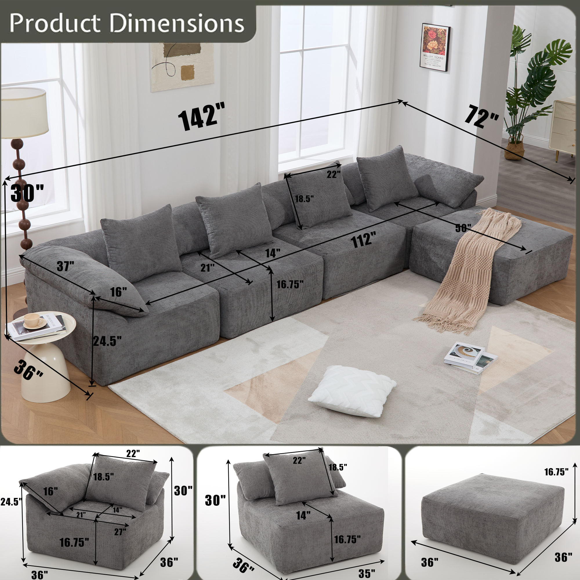 142' L Shaped Modular Sectional Sofa,No Assembly,5 Piece Couch, Convertible Sleeper Couch,Full-Compressed Couch,Free-Combined Couches,5 Seat & Ottoman,Chenille,Gray