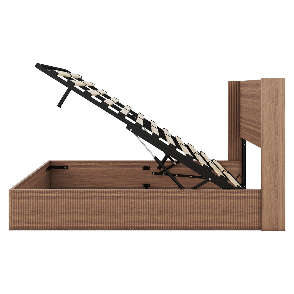 Large grooved undulating lift storage bed frame, wooden platform bed frame with lift storage, no spring box required/no noise, rustic brown slatted natural wood(
Queen)