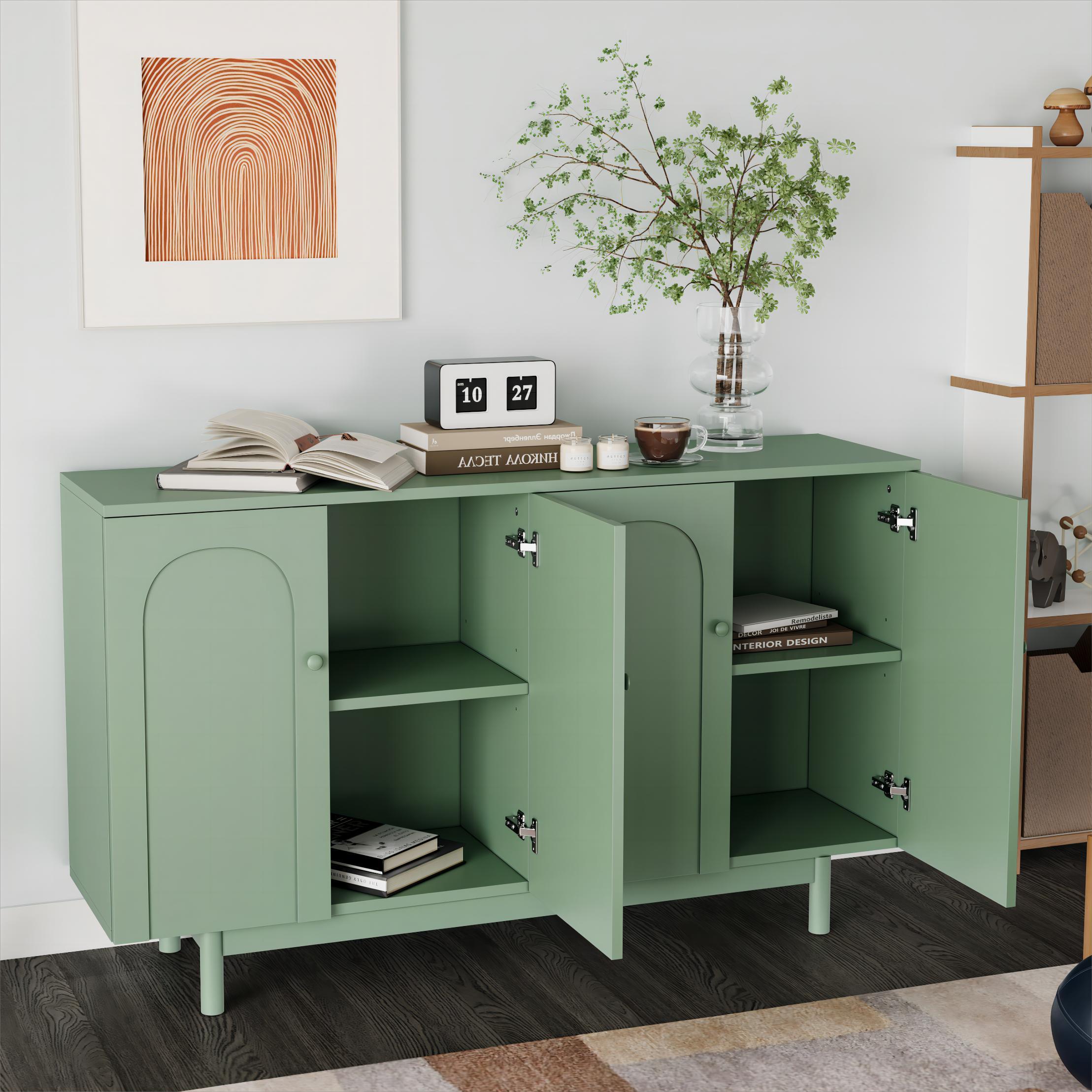 Stylish and Functional 4-Door Intaglio Storage Cabinet with Pine Legs, Solid Wood Pulls and MDF, for Living Room Bedroom,and Kitchen,Mint Green