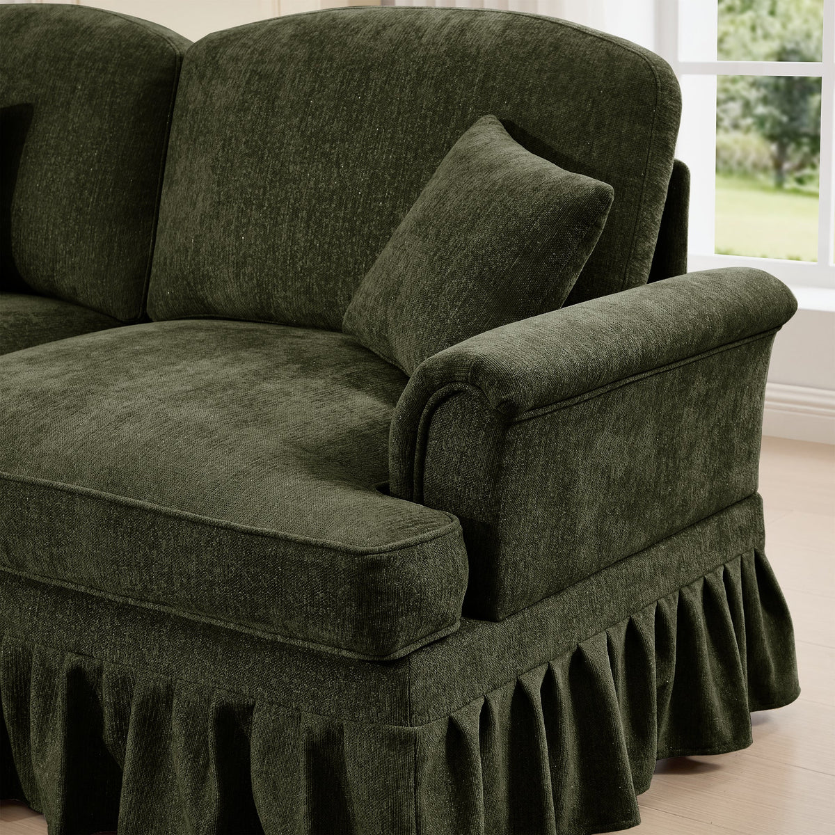Classic 2 Piece Modular Couch Living Room Sofa Set with Flared Arms and Removable Ruffles Pleats Skirts and Spindle Legs, 2 Seater Sofa + 2-Seat Loveseat Sofa Sets for Living Room,Green