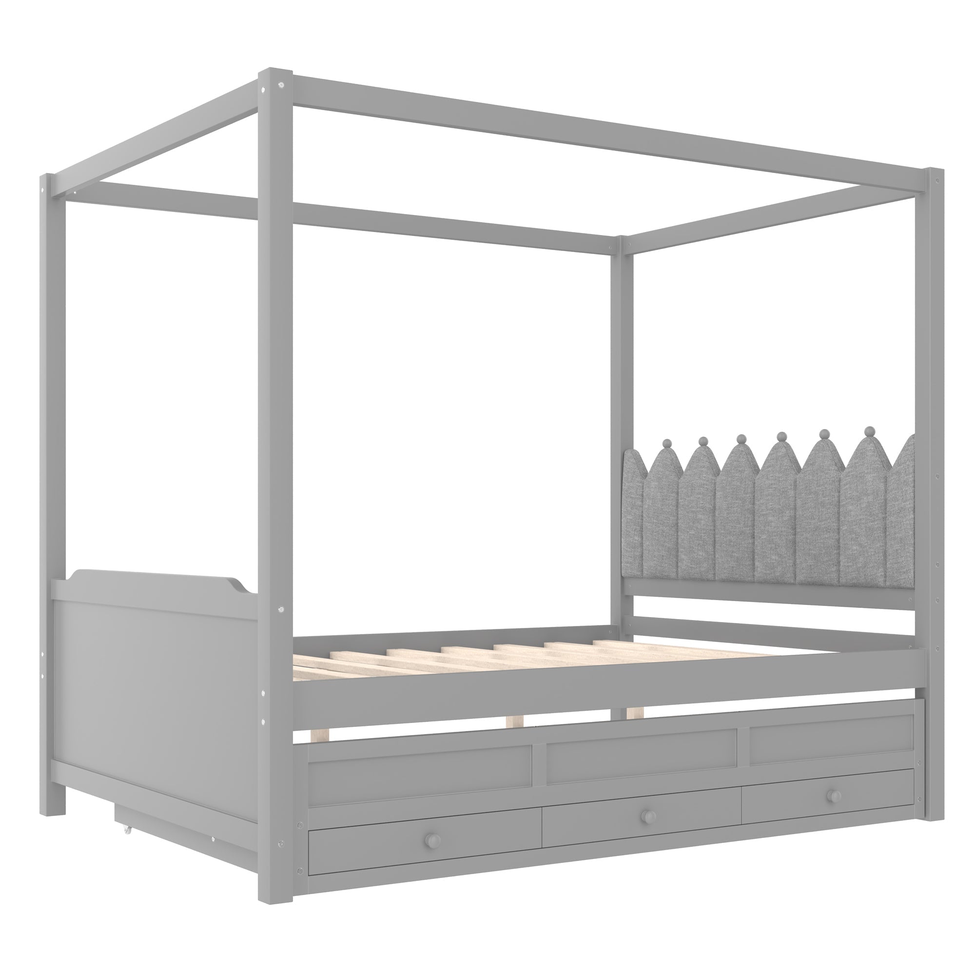 Full Platform Bed with Upholstered Headboard,Twin Size Trundle and 3 Drawers,Princess Canopy Bed Frame for Kids,Storage & Easy Assembly,Gray.