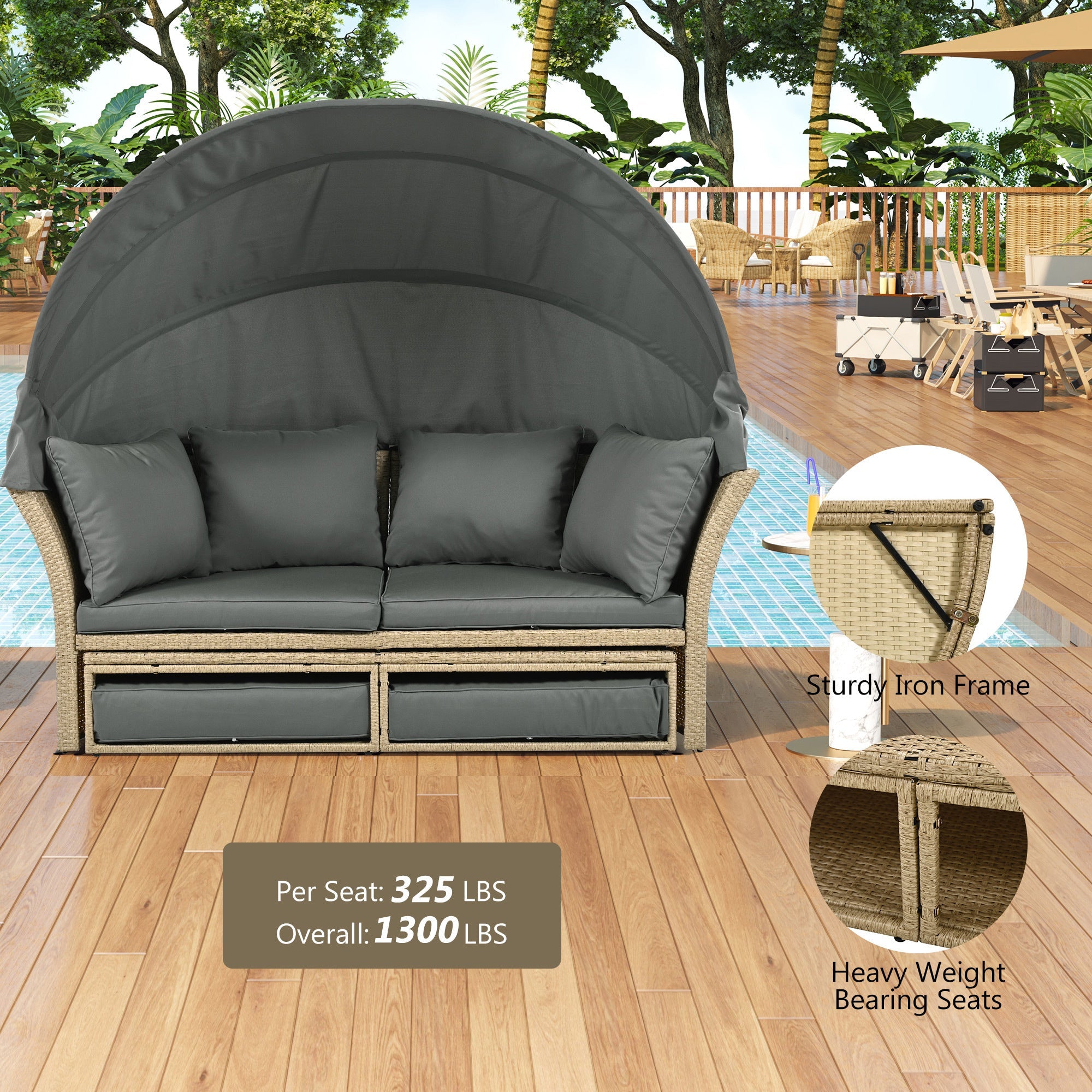 Outdoor Patio Daybed Wicker Rattan Double Daybed with Retractable Canopy, Grey, Polyester Upholstery, 71.7 x 63.4 x 62.2 inches