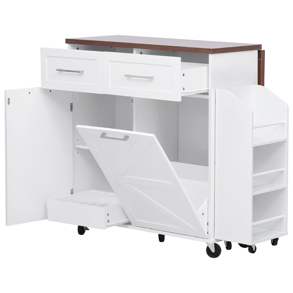 K&K 47.2' Farmhouse Kitchen Island with Drop Leaf, Kitchen Storage Island with Removable Side Racks, Two Drawers, Rolling Kitchen Cart on Wheels with Towel Rack, for Home, Kitchen, Dining Room, White
