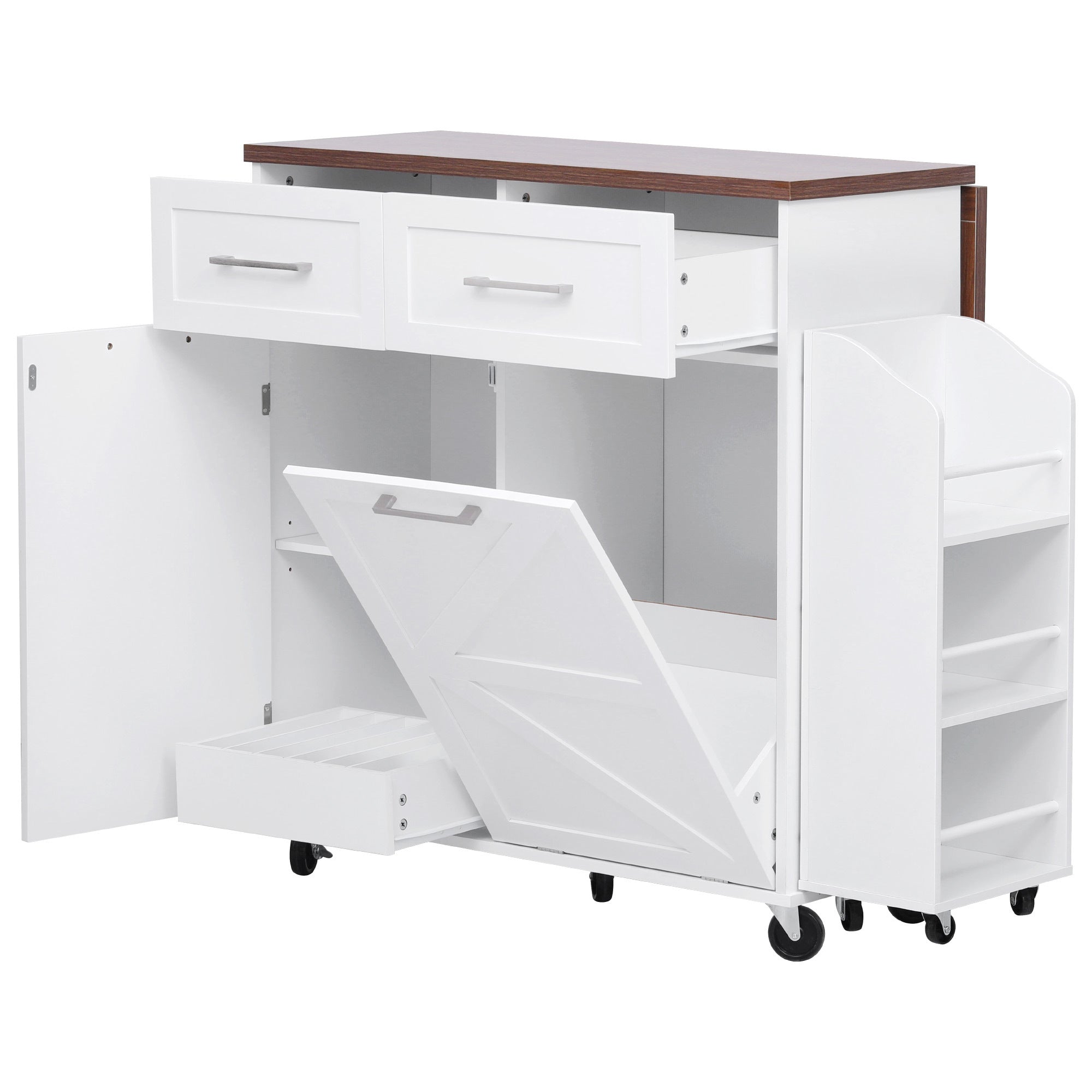 K&K 47.2' Farmhouse Kitchen Island with Drop Leaf, Kitchen Storage Island with Removable Side Racks, Two Drawers, Rolling Kitchen Cart on Wheels with Towel Rack, for Home, Kitchen, Dining Room, White