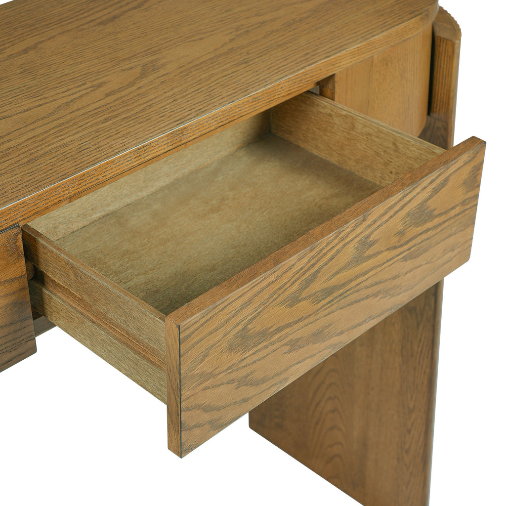 TREXM Entryway Table with Natural Wood Grain Finish, Console Table with Fluted Design, Oval Top and 2 Drawers for Entryway and Living Room (Pine Wood)