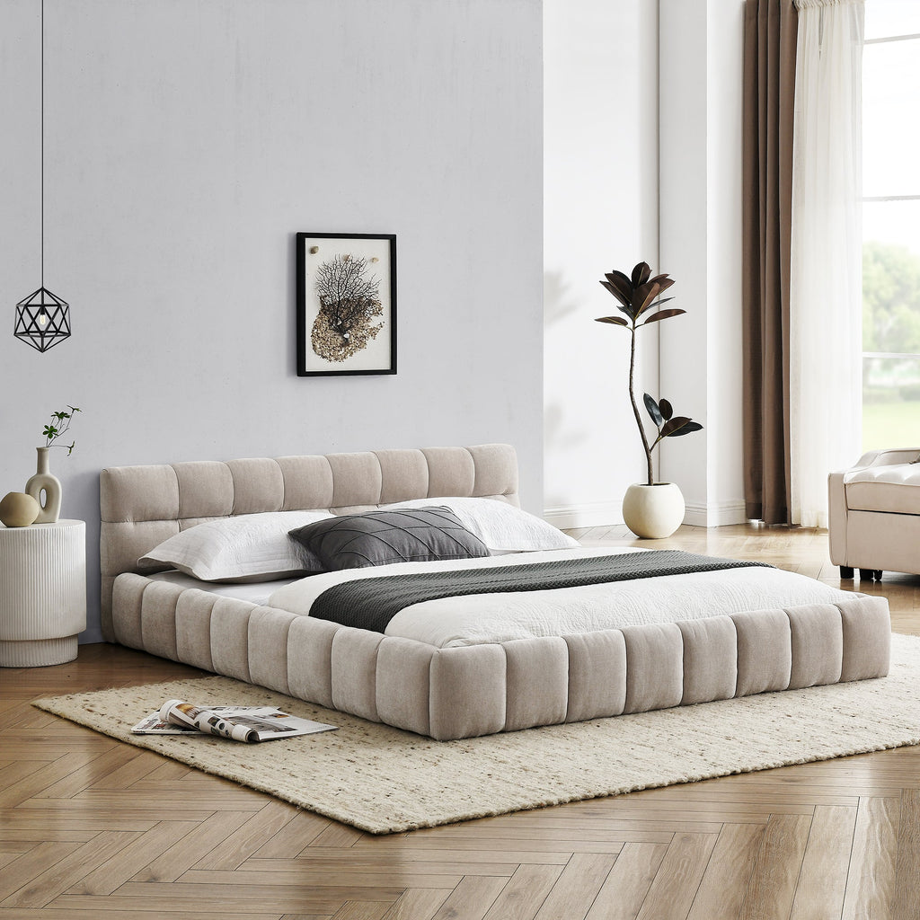 Modern Queen Size Upholstered Bed Frame with Headboard, Thick Chenille Fabric, Beige